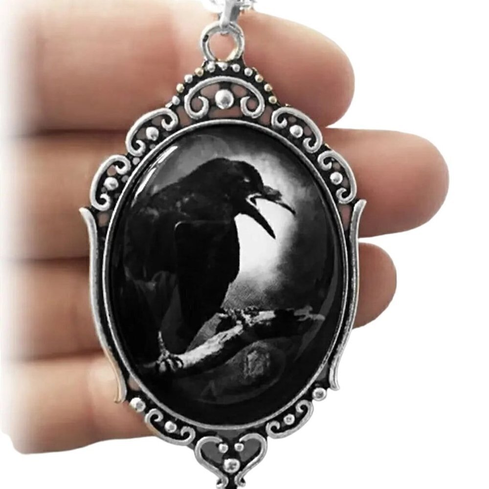 Gothic Dark Witchy Edgar Allen Poe Raven Victorian Black Silver Pendant Necklace